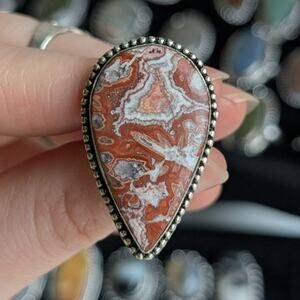 Retro Earthy Rust Red Sterling Silver Ring Vintage Boho Natural Stone Size 8.5